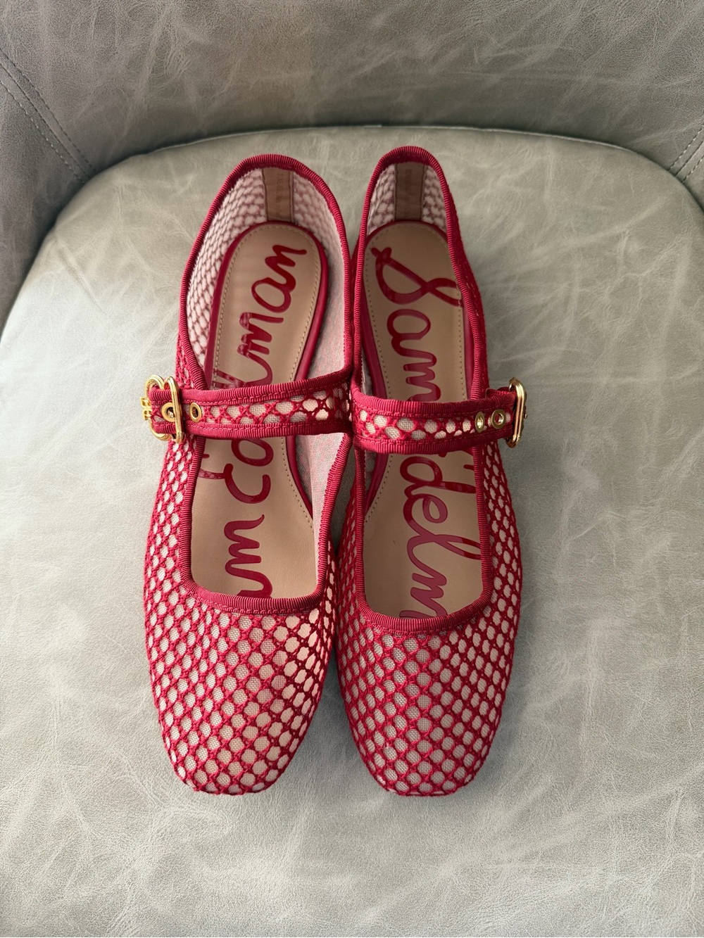 Sam Edelman red mesh Mary Jane flats with gold buckle